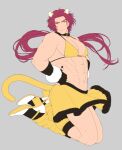  1boy abs alternate_costume animal_ears bara bra chinese_zodiac clothes_lift crossdressing flat_color full_body fur-trimmed_skirt fur_trim jumping large_pectorals long_sideburns male_focus muscular muscular_male navel nipples pectoral_cleavage pectorals ponytail red_hair short_hair sideburns sidepec skirt skirt_lift solo stomach tail tattoo thick_thighs thighs tiger_boy tiger_ears tiger_tail tonbokiri_(touken_ranbu) touken_ranbu underwear year_of_the_tiger yellow_bra yellow_eyes yellow_skirt yuzuki_(hmr813k) 