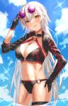  1girl ahoge bangs bikini black_bikini black_gloves black_jacket blue_sky breasts choker cleavage cropped_jacket eyewear_on_head fate/grand_order fate_(series) gloves grin highres jacket jeanne_d&#039;arc_(alter_swimsuit_berserker)_(fate) jeanne_d&#039;arc_(fate) large_breasts long_hair long_sleeves looking_at_viewer navel o-ring o-ring_bikini red_legwear shrug_(clothing) silver_hair single_thighhigh sky smile solo sunglasses swimsuit thigh_strap thighhighs thighs uuroncha very_long_hair wading wet yellow_eyes 