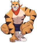  abs anthro bandanna_on_neck clothing felid footwear frosted_flakes fur hi_res jrjresq kellogg&#039;s male mammal mascot muscular muscular_male nipples orange_body orange_fur pantherine shirtless shoes simple_background solo striped_body striped_fur stripes tiger tony_the_tiger underwear white_background 