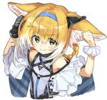  &gt;:) 1girl animal_ear_fluff animal_ears arknights arms_up bangs bare_shoulders black_gloves blonde_hair blush braid closed_mouth commentary_request cropped_torso eyebrows_visible_through_hair flexing fox_ears gloves hair_between_eyes hair_rings manarou multicolored_hair pose shirt sidelocks simple_background single_glove smile solo sparkle suzuran_(arknights) twin_braids two-tone_hair upper_body v-shaped_eyebrows white_background white_hair white_shirt yellow_eyes 