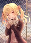  1girl bangs black_jacket blonde_hair blush bow cardigan chain-link_fence cloud collared_shirt commentary_request eyebrows_visible_through_hair fence hair_intakes hair_ribbon head_tilt hoshikawa_sara jacket long_sleeves looking_away mizunashi_hayate nijisanji open_clothes open_jacket outdoors parted_lips pink_cardigan red_bow red_eyes red_ribbon ribbon school_uniform shirt sky sleeves_past_wrists solo steepled_fingers sunset twintails upper_body virtual_youtuber white_shirt 