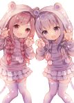  2girls :d animal_ears animal_hood animal_print backlighting braid brown_hair chinese_zodiac chitosezaka_suzu claw_pose drawstring fake_animal_ears feet_out_of_frame grey_hair grey_hoodie hair_over_shoulder hands_up hood hood_up hoodie knees_together_feet_apart long_hair long_sleeves looking_at_viewer low_twintails multiple_girls original pom_pom_(clothes) print_hoodie purple_eyes red_eyes simple_background smile tail thighhighs tiger_ears tiger_hood tiger_print tiger_tail twin_braids twintails very_long_hair white_background white_legwear year_of_the_tiger 