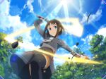  1girl arm_up black_legwear blue_eyes blue_sky brown_hair closed_mouth cloud day from_below frown game_cg grey_shirt grey_skirt holding holding_sword holding_weapon long_sleeves miniskirt necktie outdoors pleated_skirt ronye_arabel shirt short_hair skirt sky solo standing sunlight sword sword_art_online sword_art_online:_alicization_rising_steel thighhighs weapon white_necktie zettai_ryouiki 