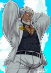  1boy aegir_(housamo) anchor_earrings aqua_hair arms_behind_head bara beard blue_eyes bulge cowboy_shot dark-skinned_male dark_skin earrings facial_hair formal jewelry large_pectorals looking_at_viewer male_focus mature_male multicolored_hair muscular muscular_male official_alternate_costume open_clothes open_shirt oyatu55k partially_unbuttoned pectoral_cleavage pectorals shirt short_hair single_earring solo streaked_hair striped striped_shirt suit thick_thighs thighs tokyo_afterschool_summoners white_hair white_suit 