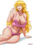  1girl bangs blonde_hair breasts closed_eyes eyebrows_visible_through_hair fanning_face hand_on_ground highres hot large_breasts long_hair loose_clothes mario_(series) navel open_mouth panties pink_panties princess_peach simple_background sitting summer superbusty sweat thick_thighs thighs underwear white_background 