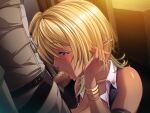  1boy 1girl bangs blonde_hair blush bracelet breasts censored cleavage collarbone dark-skinned_female dark_elf dark_lord_(game) dark_skin elf eyebrows_visible_through_hair fellatio game_cg hair_between_eyes hand_in_hair indoors jewelry long_hair mosaic_censoring nanamika_(dark_lord) natsuhiko oral penis_on_face pointy_ears purple_eyes shiny shiny_skin wing_collar 