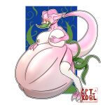  3_toes 4_fingers absurd_res belly belly_expansion big_breasts blush bovid_horn breast_grab breasts caprine_horn captain_kobold clothing expansion feet female fingers hand_on_breast hand_on_stomach havney hi_res horn kobold leggings legwear looking_up pink_body ram_horn solo toes vines 