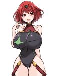  1girl bangs bare_shoulders black_swimsuit blush breasts competition_swimsuit covered_navel cowboy_shot earrings eyebrows_visible_through_hair gem gloves headpiece highres jewelry kurokaze_no_sora large_breasts looking_at_viewer one-piece_swimsuit pyra_(pro_swimmer)_(xenoblade) pyra_(xenoblade) red_eyes red_hair short_hair simple_background smile solo swept_bangs swimsuit tiara white_background xenoblade_chronicles_(series) xenoblade_chronicles_2 