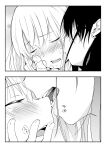  2girls biting blush close-up closed_eyes commentary_request ear_piercing eyebrows_visible_through_hair greyscale heavy_breathing highres kiss kissing_cheek monochrome multiple_girls nose_bite original parted_lips piercing teeth tongue upper_teeth yui_7 yuri 
