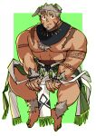  1boy 239_239 absurdres animal_ears bara blush body_fur chest_hair dog_boy dog_ears facial_hair fang full_body goatee gomeisa_(live_a_hero) green_eyes grey_hair highres large_pectorals live_a_hero looking_at_viewer male_focus muscular muscular_male nipples pectorals pelvic_curtain short_hair sideburns sitting solo tattoo topless_male tribal tribal_tattoo v_arms 