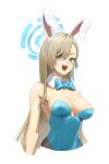  1girl :d animal_ears asuna_(blue_archive) athenawyrm bangs blonde_hair blue_archive blue_eyes blue_leotard blush bow bowtie breasts commentary detached_collar fake_animal_ears highres large_breasts leotard long_hair looking_at_viewer mole mole_on_breast pantyhose playboy_bunny playboy_bunny_leotard smile solo 