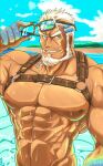  1boy abs aegir_(housamo) anchor_earrings aqua_hair bara bare_pectorals beard blue_eyes chest_harness dark-skinned_male dark_skin earrings eyewear_removed facial_hair grin harness jewelry large_pectorals leather male_focus mature_male multicolored_hair muscular muscular_male navel nipples nude open_clothes open_shirt oyatu55k pectorals short_hair sideburns single_earring smile solo stomach streaked_hair sunglasses thick_thighs thighs tokyo_afterschool_summoners upper_body wet white_hair 
