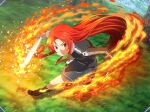  1girl black_legwear brown_footwear closed_mouth fire floating_hair frown full_body game_cg grass grey_shirt grey_skirt hair_intakes holding holding_sword holding_weapon kneehighs long_hair long_sleeves looking_at_viewer miniskirt pleated_skirt red_eyes red_hair shiny shiny_hair shirt skirt solo straight_hair sword sword_art_online sword_art_online:_alicization_rising_steel tiese_schtrinen very_long_hair weapon 