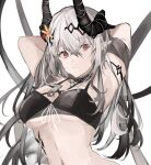  arknights arms_behind_head arms_up bangs bikini black_bikini black_choker black_hair breasts choker closed_mouth emiya_negi eyebrows_visible_through_hair flower gradient gradient_background hair_flower hair_ornament highres horns jewelry large_breasts long_hair looking_at_viewer mudrock_(arknights) mudrock_(silent_night)_(arknights) navel necklace official_alternate_costume oripathy_lesion_(arknights) pointy_ears red_eyes silver_hair simple_background stomach swimsuit underboob upper_body very_long_hair white_background yellow_flower 