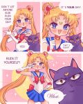  1girl 1other artist_name big_eyes bishoujo_senshi_sailor_moon blonde_hair blue_eyes bow brown_eyes cat commentary crescent_moon earings english_commentary english_text gloves hair_ornament harajukushrimp heart highres long_hair luna_(sailor_moon) magical_girl meme moon pink_background pink_bow sailor sailor_collar sailor_moon sailor_moon_redraw_challenge_(meme) sailor_senshi_uniform simple_background skirt twintails white_gloves 