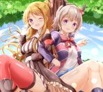  2girls :d ;d animal_ears bare_shoulders black_footwear black_jacket blonde_hair blue_skirt blue_sky blush boots bow breasts cloud commentary_request commission crossover curren_chan_(umamusume) day dress ear_bow feet_out_of_frame flag_print frilled_jacket frills gloves grey_hair hair_bun hand_up highres horse_ears jacket kin-iro_mosaic kujou_karen locked_arms long_hair long_sleeves looking_at_viewer medium_breasts multiple_girls off-shoulder_jacket off_shoulder one_eye_closed open_clothes open_jacket outdoors pleated_skirt print_jacket purple_eyes red_bow red_gloves red_legwear shirt skeb_commission skirt sky sleeveless sleeveless_dress smile striped striped_dress thighhighs thighhighs_under_boots tree umamusume v vertical-striped_dress vertical_stripes very_long_hair white_shirt zenon_(for_achieve) 