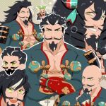  1boy alternate_design alternate_hairstyle armor bald bara black_hair chibi chibi_inset collage crossed_arms dragalia_lost facial_hair goatee grey_hair hairstyle_switch large_pectorals long_hair looking_at_viewer lyvli male_focus mature_male multicolored_hair multiple_views muscular muscular_male mustache ojou-sama_pose parody pectoral_cleavage pectorals shingen_(dragalia_lost) short_hair shoulder_armor simple_background sparkle twintails two-tone_hair white_hair 