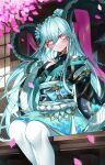  1girl aqua_hair aqua_kimono aqua_nails aqua_ribbon bangs black_kimono blush braid breasts bridal_gauntlets casul cherry_blossoms closed_mouth commentary curled_horns english_commentary eyebrows_visible_through_hair eyelashes fate/grand_order fate/grand_order_arcade fate_(series) feet_out_of_frame fingernails french_braid gem gloves green_gloves hair_between_eyes hair_ornament hand_on_own_chest highres horns japanese_clothes kimono larva_tiamat_(fate) long_hair long_horns long_sleeves looking_at_viewer multicolored_clothes multicolored_kimono nail_polish off-shoulder_kimono outdoors petals pink_eyes pointy_ears ribbon sash sidelocks sitting small_breasts smile solo sweater symbol-shaped_pupils tassel tiamat_(fate) turtleneck turtleneck_sweater very_long_hair white_legwear wide_sleeves x_x 