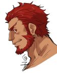  1boy bara cropped_shoulders dark-skinned_male dark_skin face fate/zero fate_(series) from_side highres iskandar_(fate) kirupi looking_at_viewer male_focus mature_male red_eyes red_hair short_hair smile solo thick_eyebrows 
