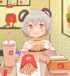  1girl 1other :t animal_ears bangs brick_wall burger capelet closed_mouth commentary cookie_(touhou) cup disposable_cup eating employee_uniform english_commentary fast_food fast_food_uniform food french_fries grey_hair grey_vest highres holding holding_food indoors ketchup long_sleeves mirlo2hu mouse_ears mouse_girl nazrin nyon_(cookie) red_eyes shirt short_hair solo_focus touhou uniform upper_body vest wcdonalds white_capelet white_shirt 