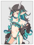  1girl asymmetrical_gloves bangs belt beltbra black_gloves black_hair black_jacket black_skirt blue_belt blue_hair blue_panties blush border breasts chest_belt commentary_request contrapposto cowboy_shot cross-laced_sleeves demon_girl demon_horns demon_tail fang garter_straps gloves grey_background highleg highleg_panties highres holding holding_clothes holding_skirt horns jacket long_hair long_sleeves looking_at_viewer multicolored_hair navel open_mouth panties partially_fingerless_gloves pointy_ears red_eyes shishio_chris simple_background skirt small_breasts solo sugar_lyric tail tomatojam two-tone_hair underwear undressing virtual_youtuber white_border zipper 