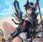  1girl arknights arm_support baseball_cap beach black_jacket blue_sky blush breasts ch&#039;en_(arknights) ch&#039;en_the_holungday_(arknights) cleavage collarbone croquette_crab day dragon_girl dragon_horns dragon_tail feet_out_of_frame gun hat horns horns_through_headwear jacket knees_up large_breasts leaning_back long_hair long_sleeves looking_at_viewer miniskirt ocean outdoors parted_lips purple_hair red_eyes sitting skirt sky solo sunglasses tail thigh_strap water_gun weapon white_headwear white_skirt 