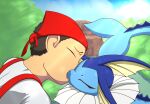  bestiality clothed clothing detailed_background duo eeveelution eyes_closed female female_on_human feral fin headgear headwear hi_res human human_on_feral interspecies kissing male male/female male_on_feral mammal nintendo outside plant pok&eacute;mon pok&eacute;mon_(species) pok&eacute;philia the_creacher vaporeon video_games 