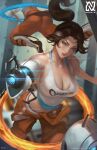  1girl absurdres aperture_science_handheld_portal_device ass breasts brown_hair chell cleavage highres jumpsuit large_breasts long_fall_boots long_hair nopeys orange_jumpsuit ponytail portal_(object) portal_(series) solo tank_top wheatley 
