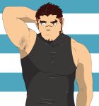  &gt;_o 1boy absurdres akashi_(live_a_hero) arm_behind_head armpit_peek armpits bara casual covered_nipples facial_hair goatee highres hoke live_a_hero long_sideburns male_focus muscular muscular_male one_eye_closed pectorals red_eyes red_hair scar scar_on_face scar_on_nose shirt short_hair sideburns sidepec sleeveless sleeveless_shirt solo taut_clothes taut_shirt upper_body 