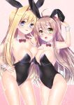  2girls ahoge animal_ears asymmetrical_docking black_leotard blonde_hair blue_eyes blush breast_press breasts brown_hair cleavage closed_mouth covered_navel eyebrows_visible_through_hair fake_animal_ears fake_tail green_eyes hair_intakes haruse_meio large_breasts leotard long_hair looking_at_viewer multiple_girls open_mouth original playboy_bunny rabbit_ears rabbit_tail smile tail very_long_hair 