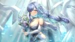  blue_fire blue_flower blue_hair bouquet breasts cleavage curtains detached_sleeves disembodied_head dress fire floating_hair flower hai_0013 highres hip_vent holding holding_bouquet horns large_breasts lens_flare long_hair ocean pink_flower prism_project rikudou_yura scarf virtual_youtuber white_dress white_scarf 