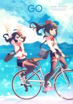  2girls absurdres arms_up bicycle black_hair black_legwear blush bow day ground_vehicle hair_bow highres long_hair medium_hair multiple_girls open_mouth original outdoors pink_footwear ponytail red_bow riding_bicycle shoes smile sneakers soar thighhighs white_footwear 