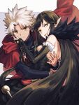  1boy 1girl amakusa_shirou_(fate) bangs black_hair cloak dress fate/apocrypha fate/grand_order fate_(series) hand_on_another&#039;s_cheek hand_on_another&#039;s_face highres hug long_hair looking_at_viewer menma222 open_mouth orange_eyes pointy_ears ponytail semiramis_(fate) short_hair smile very_long_hair white_hair 