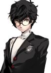  1boy amamiya_ren bangs black-framed_eyewear black_hair black_jacket closed_mouth glasses highres jacket long_sleeves looking_at_viewer male_focus persona persona_5 pertex_777 school_uniform shirt shuujin_academy_uniform signature simple_background snapping_fingers solo symbol-only_commentary upper_body white_background white_shirt 