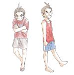 1boy ^_^ ace_attorney annoyed antenna_hair apollo_justice arms_at_sides bare_shoulders barefoot blue_shorts blush bracelet brown_eyes brown_hair child chinese_commentary closed_eyes collarbone commentary_request crossed_arms forehead forked_eyebrows full_body godzillapigeon1 grey_shorts grin happy highres jewelry light_blush male_focus multiple_views phoenix_wright:_ace_attorney_-_spirit_of_justice pocket red_shirt sandals shirt short_hair short_shorts shorts simple_background sketch sleeveless sleeveless_shirt smile standing teeth v-shaped_eyebrows white_background younger 