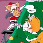  anthro big_breasts blush breasts canid canine chiropteran christmas christmas_clothing christmas_headwear christmas_tree cleavage clothed clothing female fox hat headgear headwear holidays hyoumaru male mammal miles_prower plant rouge_the_bat santa_hat sega sonic_the_hedgehog_(series) tree 