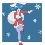  100_percent_orange_juice 1girl animal_ears aru_(qp_shooting) blue_hair blue_legwear braid christmas highres long_hair long_sleeves open_mouth pantyhose pom_pom_(clothes) rabbit_ears rabbit_girl red_disappointment red_eyes red_footwear sack santa_costume smile teeth upper_teeth 