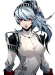  1girl android bangs blue_hair breasts glowing glowing_eyes hair_between_eyes highres joints labrys_(persona) lips long_hair looking_at_viewer mechanical_arms mechanical_parts persona persona_4 persona_4:_the_ultimate_in_mayonaka_arena pertex_777 ponytail red_eyes robot robot_joints school_uniform simple_background skirt solo upper_body white_background 