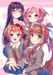  4girls blue_eyes blue_skirt blush bow breasts brown_hair closed_mouth doki_doki_literature_club eyebrows_visible_through_hair green_eyes hair_bow hair_ornament haruse_meio large_breasts lips long_hair looking_at_viewer monika_(doki_doki_literature_club) multiple_girls natsuki_(doki_doki_literature_club) open_mouth pink_eyes pink_hair pleated_skirt ponytail purple_eyes purple_hair red_bow sayori_(doki_doki_literature_club) short_hair skirt smile solo white_bow x_hair_ornament yuri_(doki_doki_literature_club) 