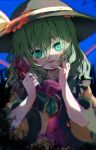  1girl black_headwear blood blood_on_face blood_on_hands blue_background blush collared_shirt eyeball eyebrows_visible_through_hair frilled_shirt_collar frilled_sleeves frills green_eyes green_hair hair_between_eyes hat hat_ribbon holding holding_phone komeiji_koishi long_hair long_sleeves open_mouth phone piyokichi revision ribbon shirt simple_background solo third_eye touhou upper_body urban_legend_in_limbo wide_sleeves yellow_ribbon yellow_shirt 