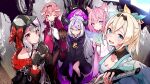  5girls :d ;) ahoge ascot bangs black_dress black_gloves black_hair black_jacket blonde_hair blue_eyes blush bow braid chest_sarashi coat coat_on_shoulders collar commentary_request crown_braid demon_horns double_bun dress gloves hair_ornament hakui_koyori haori head_wings highres holding holding_mask holding_sword holding_weapon holographic_interface hololive holox hood hood_up horns jacket japanese_clothes kazama_iroha la+_darknesss long_hair long_sleeves looking_at_viewer mask metal_collar multicolored_hair multiple_girls one_eye_closed open_clothes open_jacket parted_lips pink_hair ponytail puffy_long_sleeves puffy_sleeves purple_eyes purple_hair purple_legwear red_bow red_coat red_eyes sakamata_chloe sarashi shirt short_hair silver_hair single_thighhigh sleeves_past_fingers sleeves_past_wrists smile streaked_hair sword tail takane_lui thighhighs very_long_hair virtual_youtuber weapon white_shirt wide_sleeves yellow_ascot yellow_eyes yuyaiyaui 