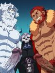  3boys abs bara bare_pectorals beard blue_sclera cape colored_sclera completely_nude dark-skinned_male dark_penis dark_skin erection facial_hair fate/grand_order fate/zero fate_(series) fur-trimmed_cape fur_trim grin hair_intakes highres iskandar_(fate) king_hassan_(fate) kirupi large_pectorals long_beard long_hair looking_at_viewer looking_down male_focus mask mature_male multiple_boys muscular muscular_male navel navel_hair nipples nude pale_skin pectorals penis red_cape red_eyes red_hair short_hair skull skull_mask smile stomach take_your_pick taker_pov text_censor translation_request uncensored veins veiny_penis very_long_hair white_hair zeus_(fate) 