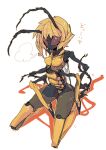 1girl antennae arthropod_girl arthropod_legs bangs black_skin blonde_hair breasts brown_sclera colored_sclera colored_skin commentary_request extra_arms full_body highres original seiza short_hair simple_background sitting small_breasts solo tomatojam wasp_girl white_background 