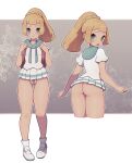  1girl ass blonde_hair blue_eyes blush embarrassed from_behind frown furrowed_brow highres jacket lamb-oic029 lillie_(pokemon) looking_at_viewer no_pants pokemon ponytail red_bag thighs thong white_footwear white_jacket 