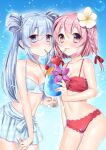  2girls bikini blue_bikini blue_eyes blue_hair blush breasts brown_eyes cleavage closed_mouth collarbone cup drinking_glass drinking_straw_in_mouth eyebrows_visible_through_hair flower hair_flower hair_ornament haruse_meio holding holding_cup long_hair looking_at_viewer medium_breasts multiple_girls navel original pink_hair red_bikini short_hair smile swimsuit twintails unmoving_pattern 