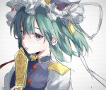  1girl buttons expressionless gold_trim green_eyes green_hair hair_between_eyes hat highres kani_nyan looking_at_viewer parted_lips rod_of_remorse shiki_eiki simple_background solo tareme touhou upper_body white_background 