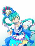  1girl ahoge apron aqua_background aqua_eyes aqua_hair back_bow blue_dress blue_legwear bow choker collarbone corset cowboy_shot cure_spicy delicious_party_precure dress earrings fuwa_kokone gloves gradient gradient_background hair_ribbon hair_rings heart_bow heart_brooch jewelry kamonan_(pixiv_id_1430057) magical_girl pantyhose precure ribbon smile solo two-tone_background white_background white_choker white_dress white_gloves 