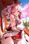  1girl animal_ears arm_under_breasts arm_up bangs blurry blurry_background blush breasts cherry_blossoms chopsticks day detached_sleeves earrings floral_print genshin_impact hair_between_eyes highres holding japanese_clothes jewelry large_breasts long_hair looking_at_viewer miko outdoors parted_lips pink_eyes pink_hair revision sideboob solo swea tassel tree wide_sleeves yae_(genshin_impact) yavalley 
