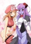  :p black_sclera blonde_hair blue_skin bow brown_eyes brown_hair bunny crop_top demon elbow_gloves futanari gekka_kaguya_(urabata) gloves hat holding_hands horns jpeg_artifacts lisher multiple_girls one_eye_closed penis pointy_ears pomnit purple_hair pussy skirt skirt_lift summon_night summon_night_4 tongue tongue_out yellow_eyes 