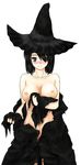  1girl black_hair blue_eyes blush breasts demon&#039;s_souls demon's_souls dsnavi female from_software hat long_hair nipples simple_background solo souls_(from_software) torn_clothes white_background witch_hat yuria_the_witch 